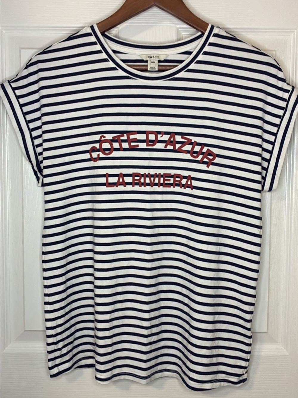 RW&CO. Navy & White Striped Tee with Red Chest Print